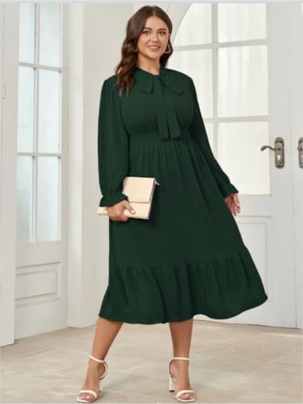 Scomchic Emerald Green Tiered Maxi Dress Tie V-Neck Smocked Waist Womens 1X